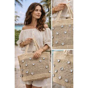 BTB Los Angeles Nancy Tote Straw Bag Crystal Embellished Woven Summer Handbag